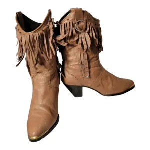 Retro Ethnic Tassel Stacked Heeled Western Style Boots/Studded Fringe Vintage