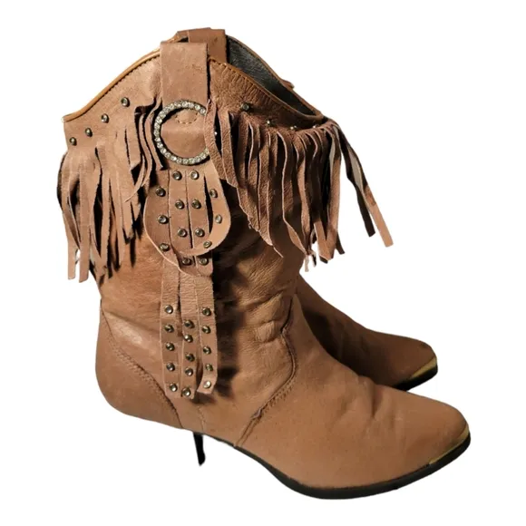 Retro Ethnic Tassel Stacked Heeled Western Style Boots/Studded Fringe Vintage