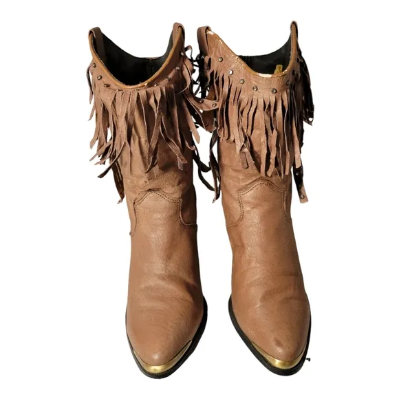 Retro Ethnic Tassel Stacked Heeled Western Style Boots/Studded Fringe Vintage