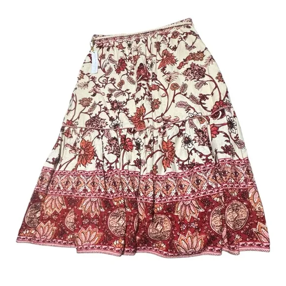 Revolve House Of Harlow 1960 NWT Floral Boho Linen Midi Waist Tie Swing Skirt LG