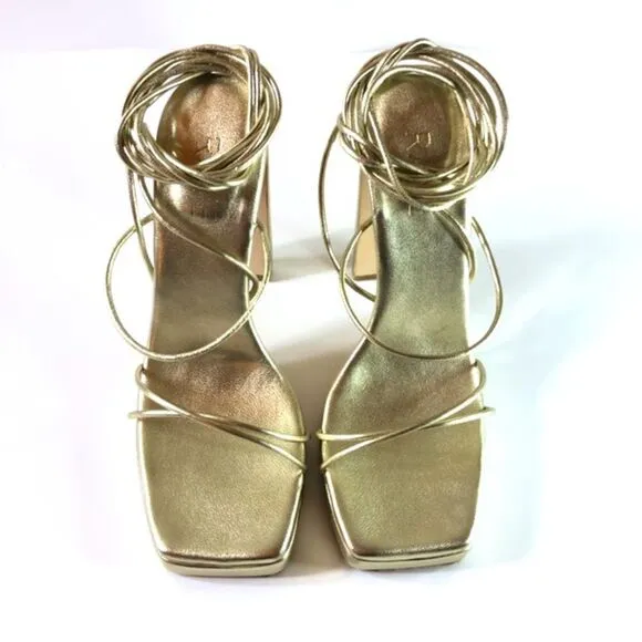 REVOLVE RAYE Laser Gold Square Toe Heels Ankle Wrap Chunky HIGH Heel Party Shoes