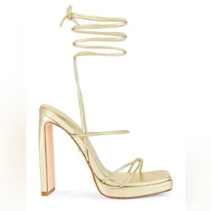 REVOLVE RAYE Laser Gold Square Toe Heels Ankle Wrap Chunky HIGH Heel Party Shoes