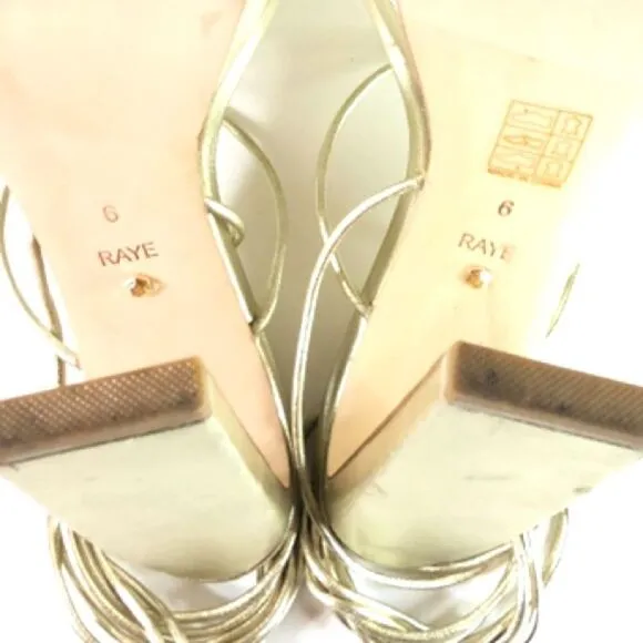 REVOLVE RAYE Laser Gold Square Toe Heels Ankle Wrap Chunky HIGH Heel Party Shoes