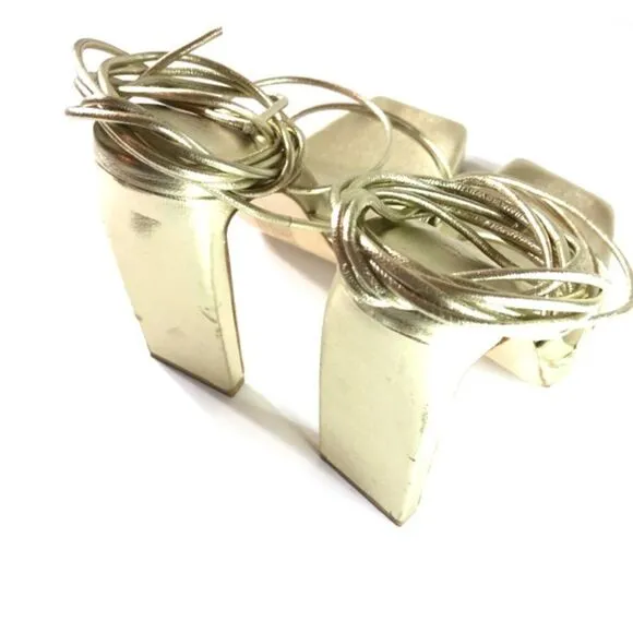 REVOLVE RAYE Laser Gold Square Toe Heels Ankle Wrap Chunky HIGH Heel Party Shoes