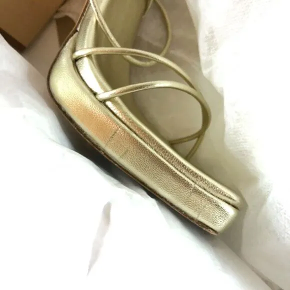REVOLVE RAYE Laser Gold Square Toe Heels Ankle Wrap Chunky HIGH Heel Party Shoes