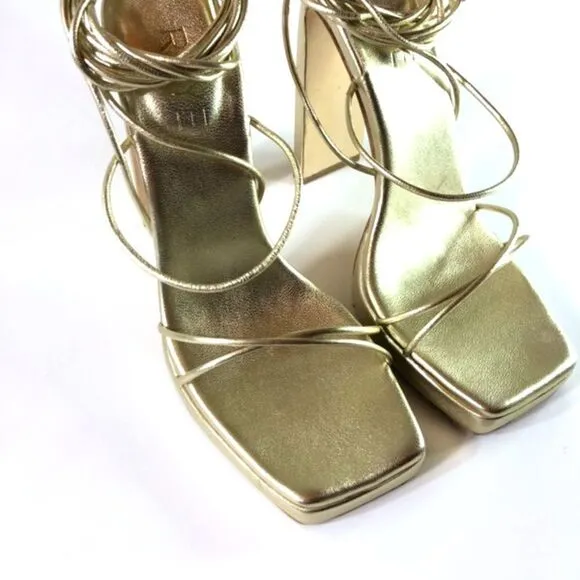 REVOLVE RAYE Laser Gold Square Toe Heels Ankle Wrap Chunky HIGH Heel Party Shoes