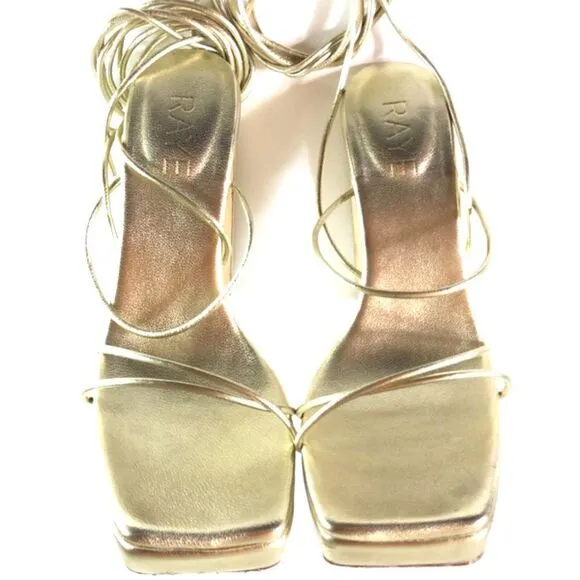 REVOLVE RAYE Laser Gold Square Toe Heels Ankle Wrap Chunky HIGH Heel Party Shoes