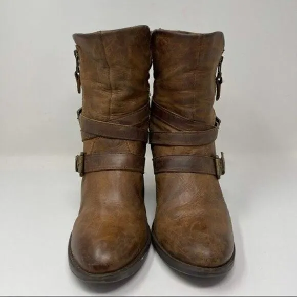 Revolve Steve Madden Raleigh tall distressed buckled heeled boots US 9.5 cognac