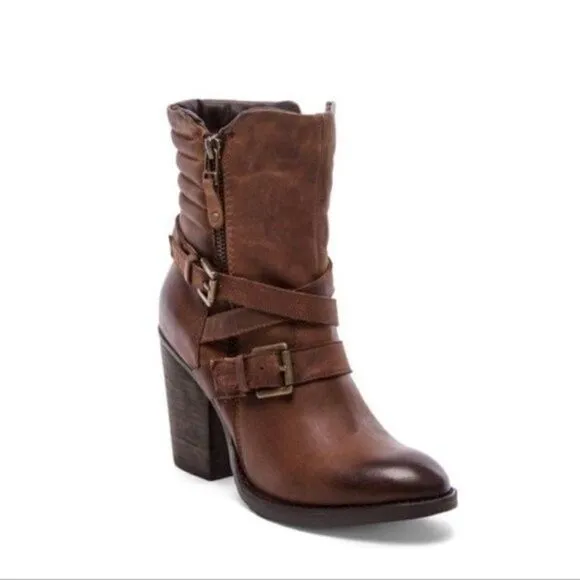 Revolve Steve Madden Raleigh tall distressed buckled heeled boots US 9.5 cognac
