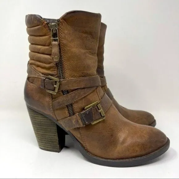 Revolve Steve Madden Raleigh tall distressed buckled heeled boots US 9.5 cognac