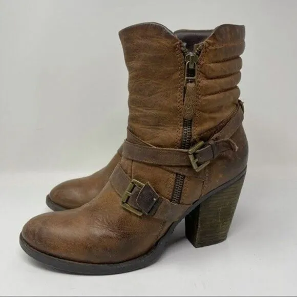 Revolve Steve Madden Raleigh tall distressed buckled heeled boots US 9.5 cognac