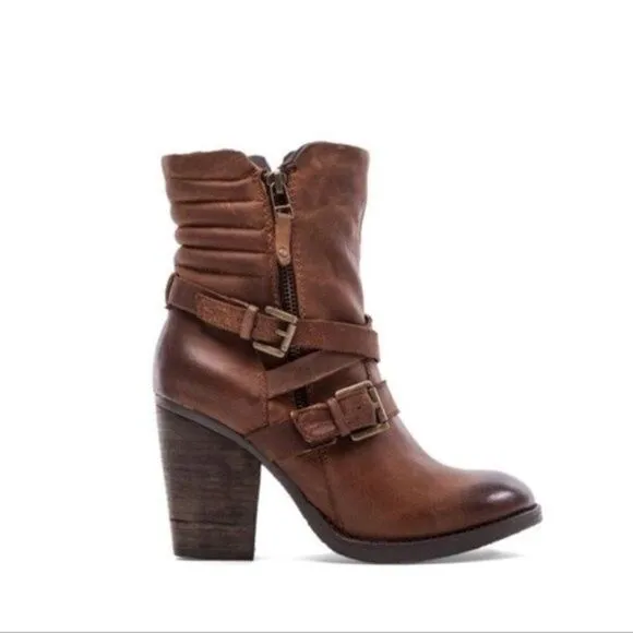 Revolve Steve Madden Raleigh tall distressed buckled heeled boots US 9.5 cognac