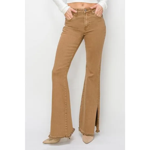 RISEN Bailey High Rise Waist Side Slit Detail Raw Hem Flare Denim Jeans | Brown