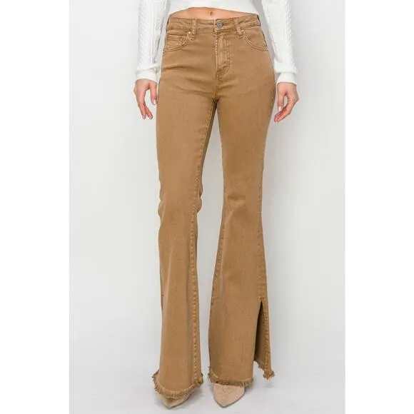 RISEN Bailey High Rise Waist Side Slit Detail Raw Hem Flare Denim Jeans | Brown
