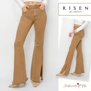 RISEN Bailey High Rise Waist Side Slit Detail Raw Hem Flare Denim Jeans | Brown