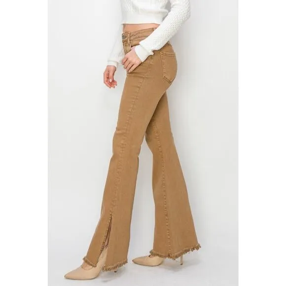 RISEN Bailey High Rise Waist Side Slit Detail Raw Hem Flare Denim Jeans | Brown