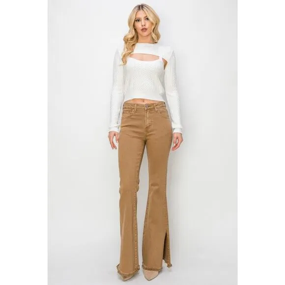 RISEN Bailey High Rise Waist Side Slit Detail Raw Hem Flare Denim Jeans | Brown
