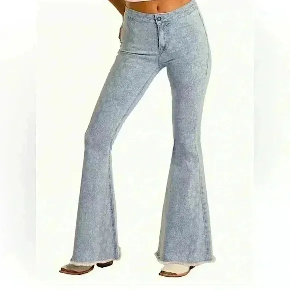 Rock &amp; Roll Denim Cowgirl Aztec Print Bargain Button Bell Bottoms Flare WPB3509