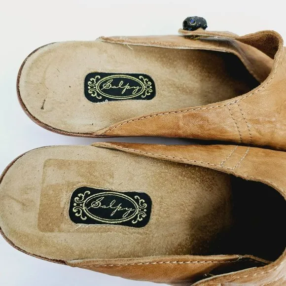 Salpy Slip Ons Slides Mules 6 Soft Camel Tan Leather Bead Embellished Handmade