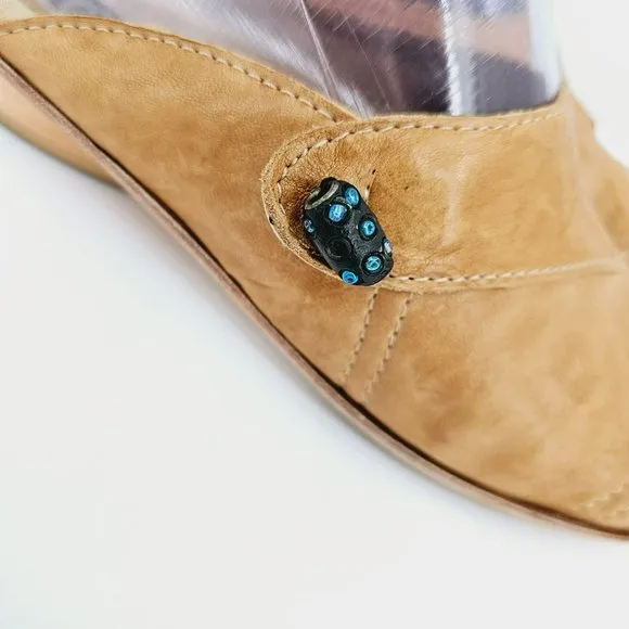 Salpy Slip Ons Slides Mules 6 Soft Camel Tan Leather Bead Embellished Handmade