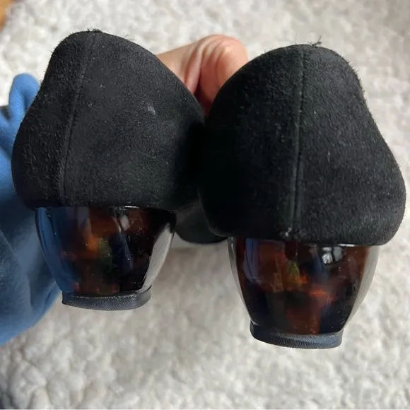 Salvatore Ferragamo Boutique VTG Black Suede Tortoise Shell Resin Kitten Heels