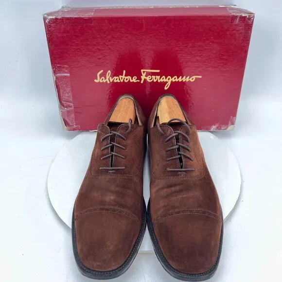 Salvatore Ferragamo Gold Men Size 11D Chestnut Suede Cap Toe Oxford Dress Shoes