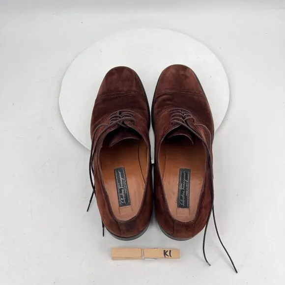 Salvatore Ferragamo Gold Men Size 11D Chestnut Suede Cap Toe Oxford Dress Shoes