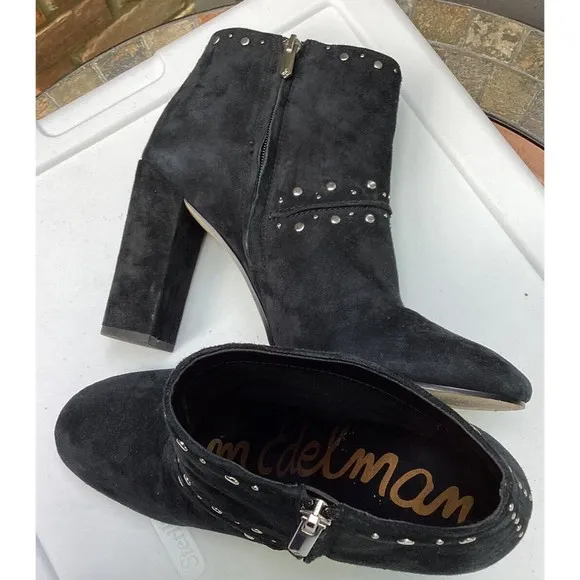Sam Edelman Chandler Suede Black Leather Studded Ankle Boots Heels Sz 10 M