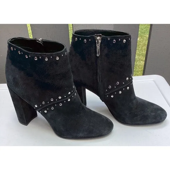 Sam Edelman Chandler Suede Black Leather Studded Ankle Boots Heels Sz 10 M