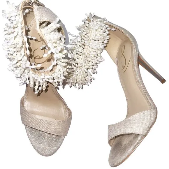 Sam Edelman Gillie Sand Linen Womens Open Toe Stiletto Heels Beaded 7.5