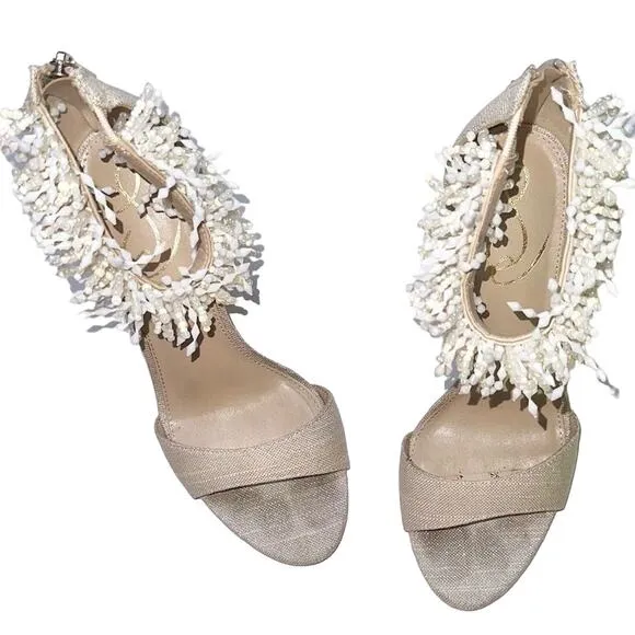 Sam Edelman Gillie Sand Linen Womens Open Toe Stiletto Heels Beaded 7.5