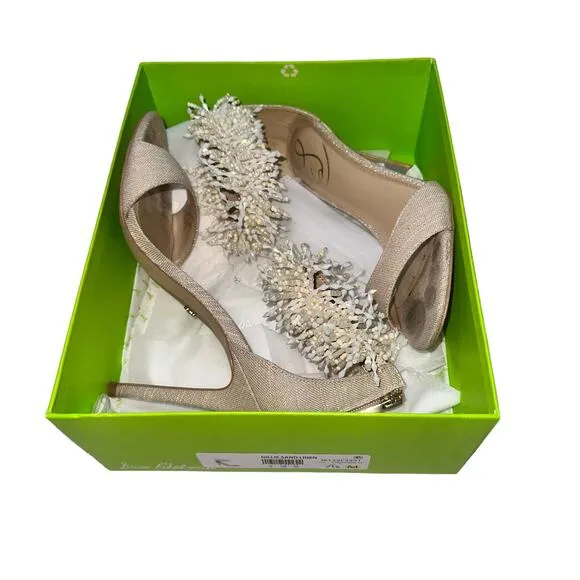 Sam Edelman Gillie Sand Linen Womens Open Toe Stiletto Heels Beaded 7.5
