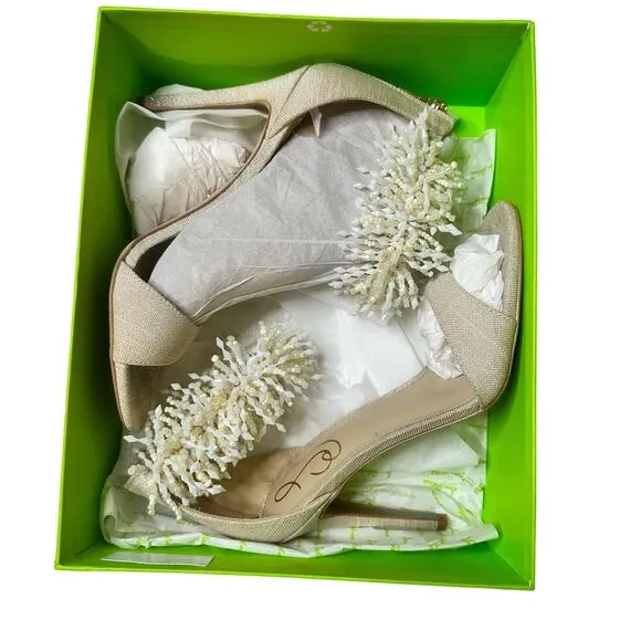 Sam Edelman Gillie Sand Linen Womens Open Toe Stiletto Heels Beaded 7.5