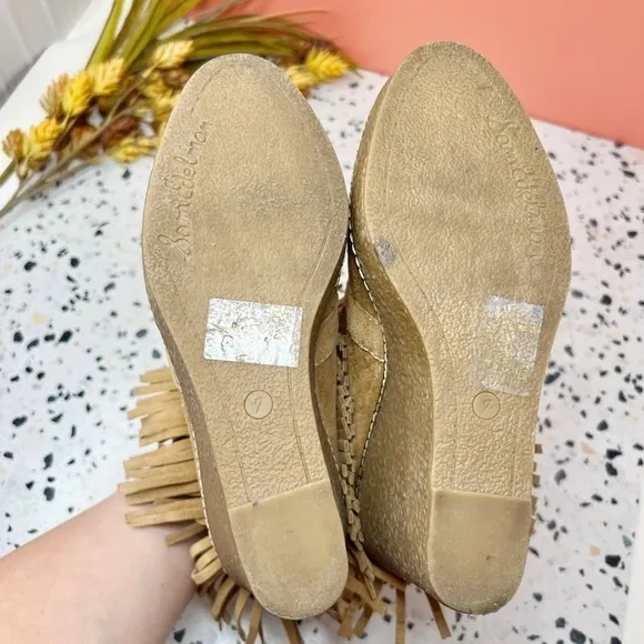 Sam Edelman Kemper Tan Faux Shearling Fringe Burnished Women’s Wedge Boots Sz 7