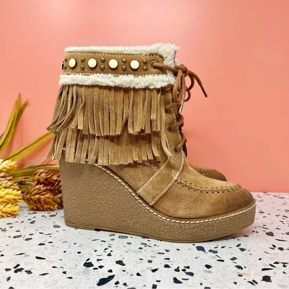 Sam Edelman Kemper Tan Faux Shearling Fringe Burnished Women’s Wedge Boots Sz 7