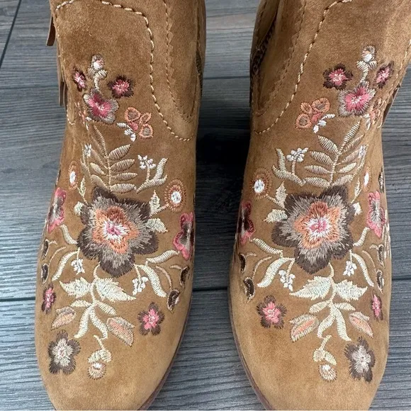 Sam Edelman Letti Whiskey Suede Western Boho Floral Embroidered Ankle Boots 8.5
