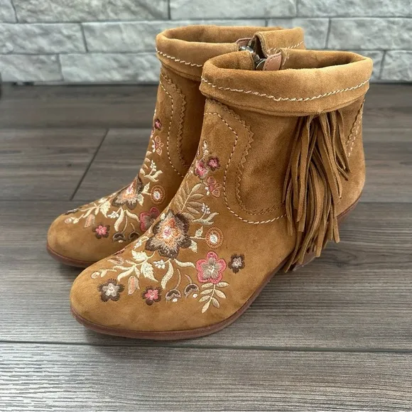 Sam Edelman Letti Whiskey Suede Western Boho Floral Embroidered Ankle Boots 8.5