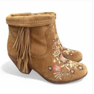 Sam Edelman Letti Whiskey Suede Western Boho Floral Embroidered Ankle Boots 8.5