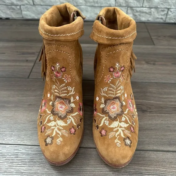 Sam Edelman Letti Whiskey Suede Western Boho Floral Embroidered Ankle Boots 8.5