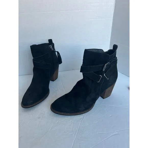 Sam Edelman Morris Black Leather Buckling Strap Boho Western Ankle Boots Sz 8M