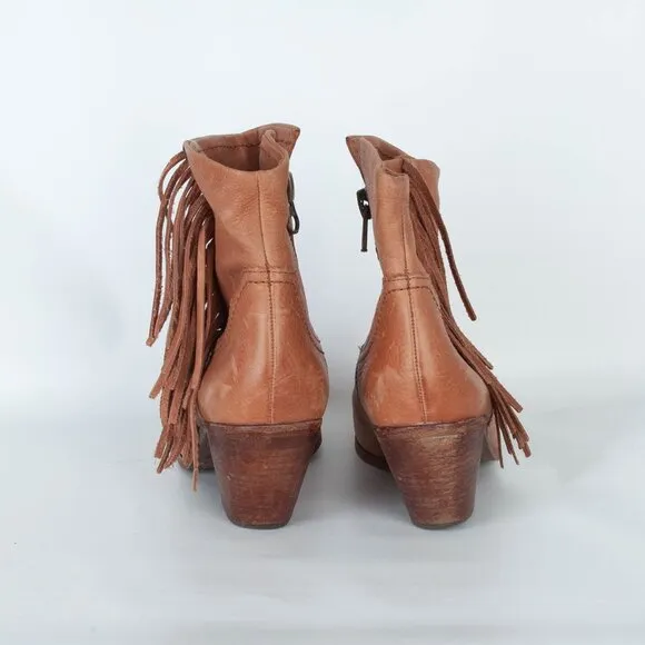 Sam Edelman Womens Leather Fringe Ankle Boots Size 8 Tan Side Zip Almond Toe