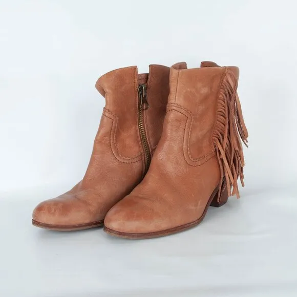 Sam Edelman Womens Leather Fringe Ankle Boots Size 8 Tan Side Zip Almond Toe