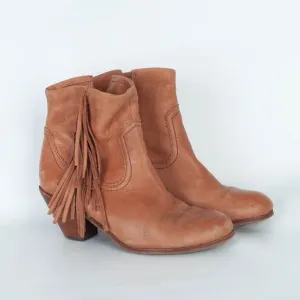 Sam Edelman Womens Leather Fringe Ankle Boots Size 8 Tan Side Zip Almond Toe