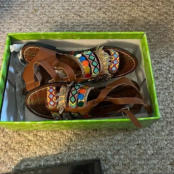 SAM EDELMAN Lanai Embellished Strappy Flat Sandals In Saddle