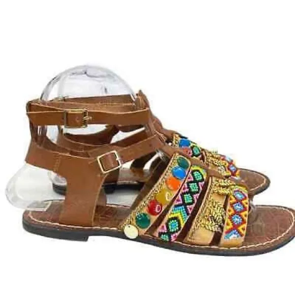SAM EDELMAN Lanai Embellished Strappy Flat Sandals In Saddle