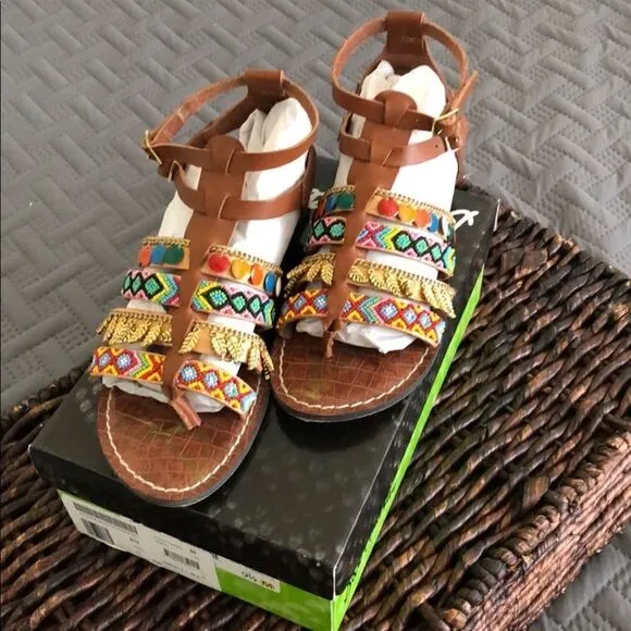 SAM EDELMAN Lanai Embellished Strappy Flat Sandals In Saddle