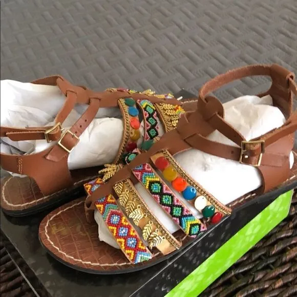 SAM EDELMAN Lanai Embellished Strappy Flat Sandals In Saddle
