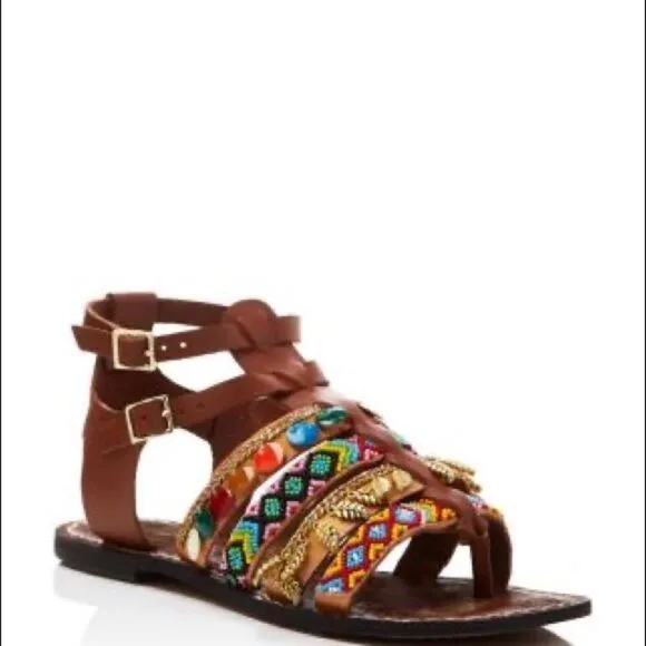 SAM EDELMAN Lanai Embellished Strappy Flat Sandals In Saddle