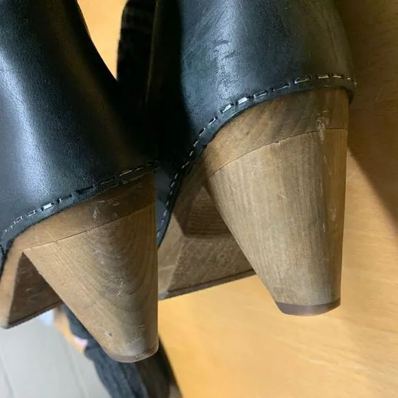 Sanita DANSKO black Leather &amp; knit Wooden BOHO Clog Platform Heels Boots