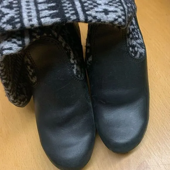 Sanita DANSKO black Leather &amp; knit Wooden BOHO Clog Platform Heels Boots